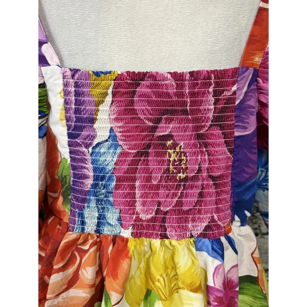 Farm Rio Blouse Womens Large Multicolor Floral Puff Sleeve Square Neck Boho